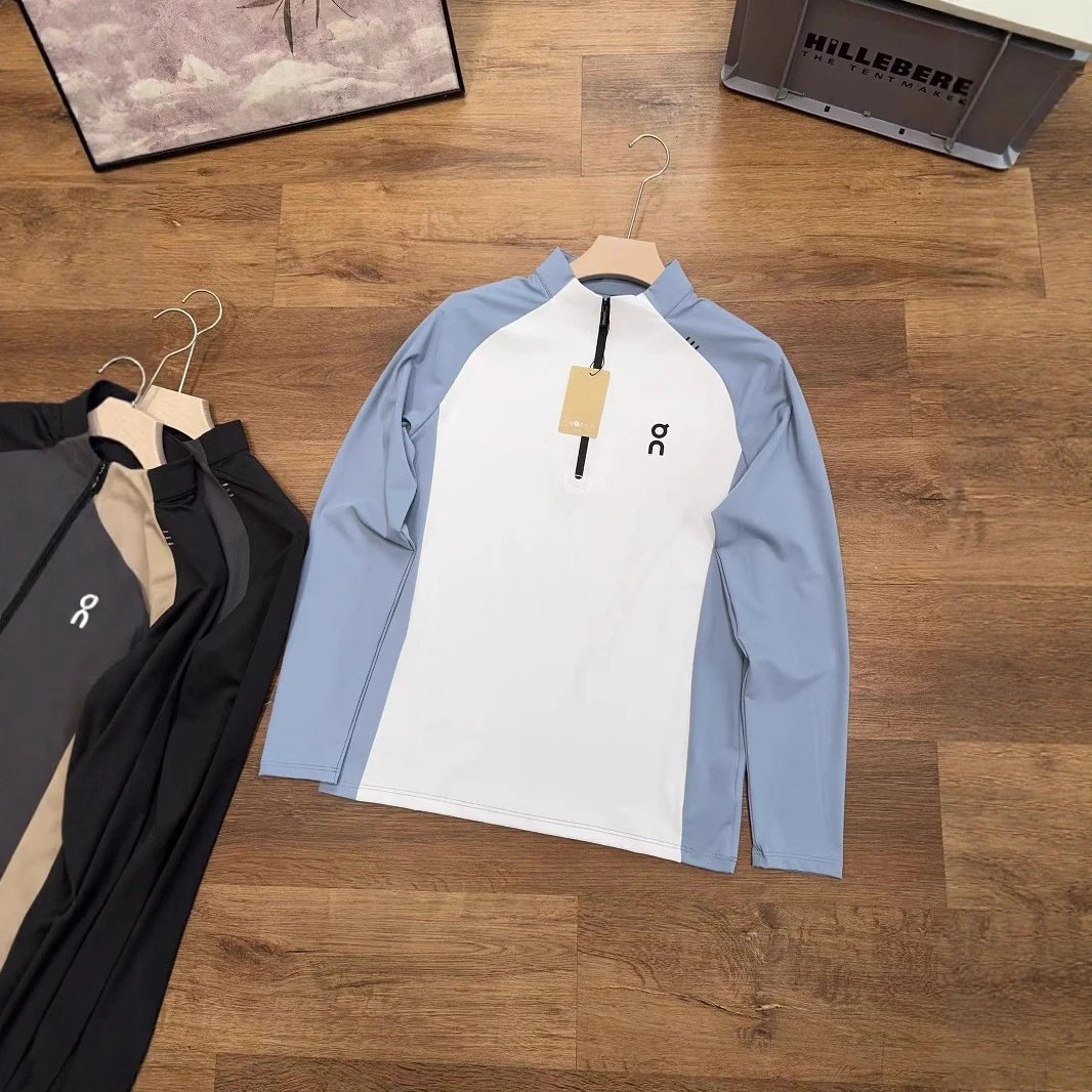 On Running On Performance Quarter Zip Athletic Long Sleeve Shirt Blue and White