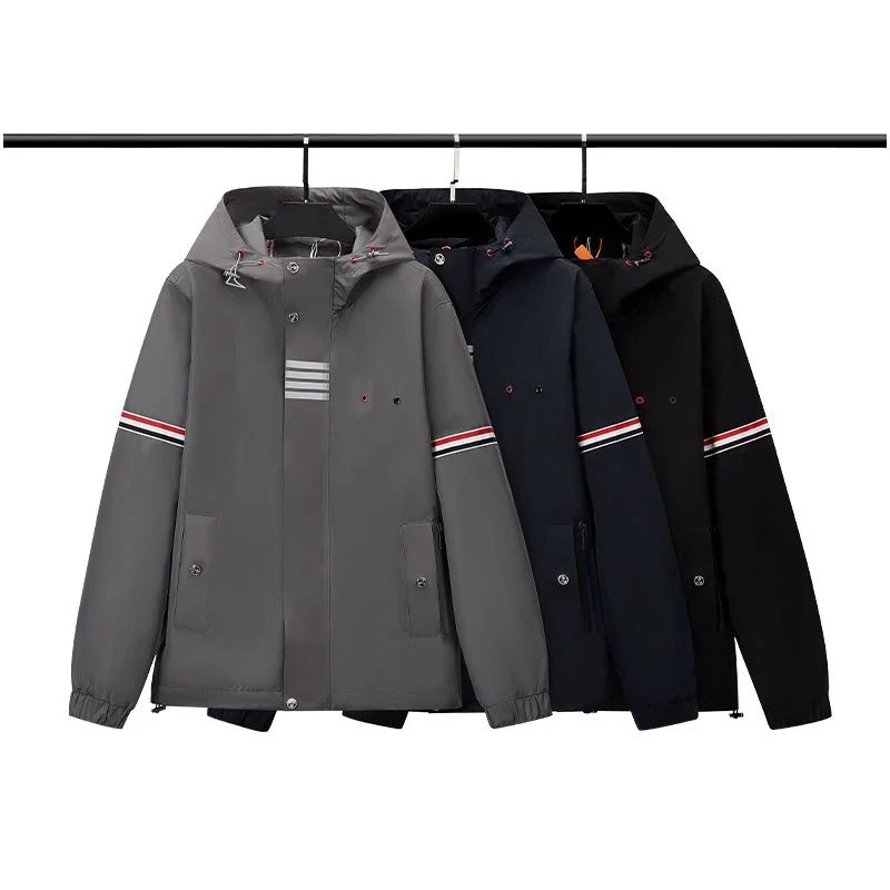 Thom Browne Stripe Detail Casual Windbreaker Jacket Gray Navy and Black