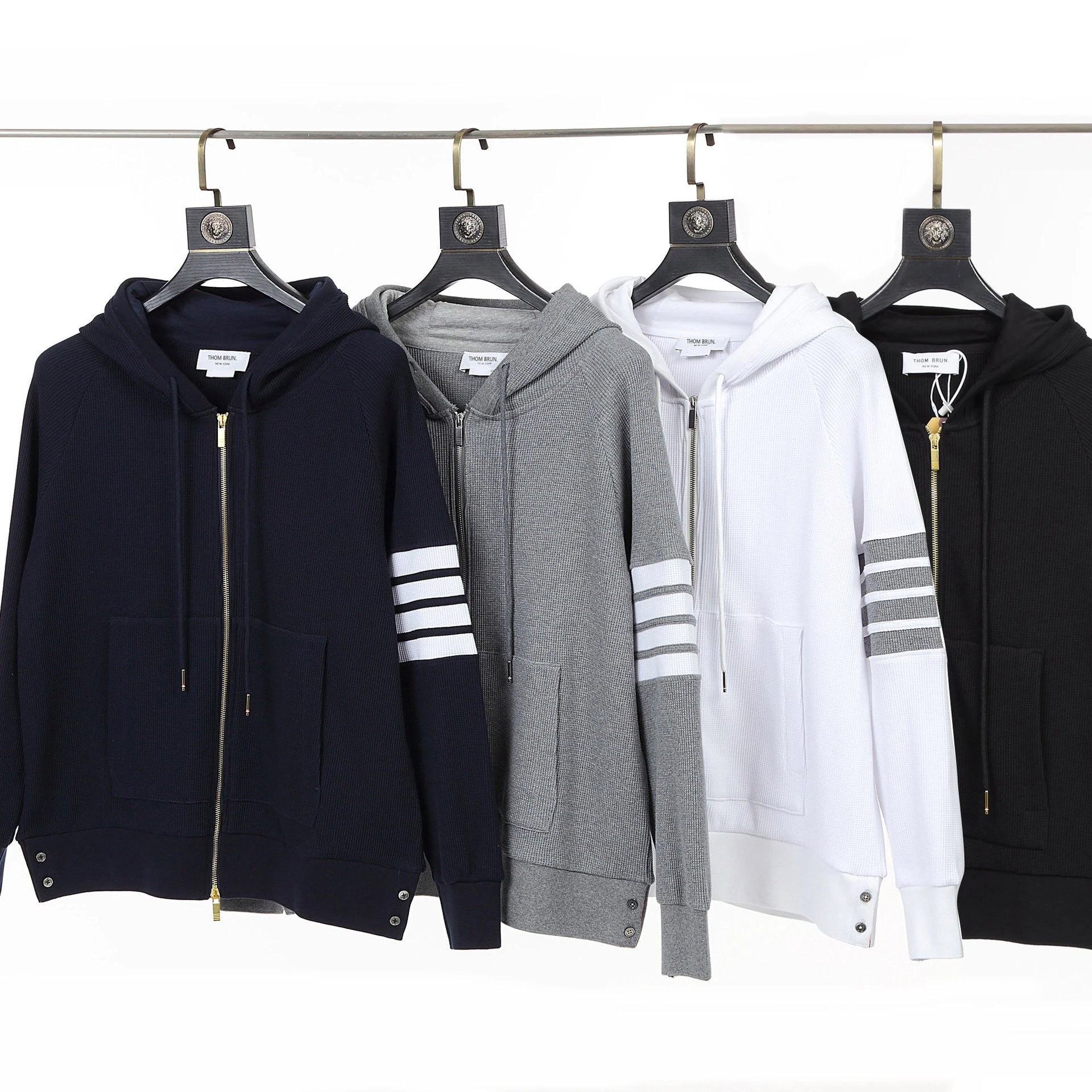 Thom Browne 4-Bar Waffle Knit Zip-Up Hoodie Casual Sweatshirt Multicolor