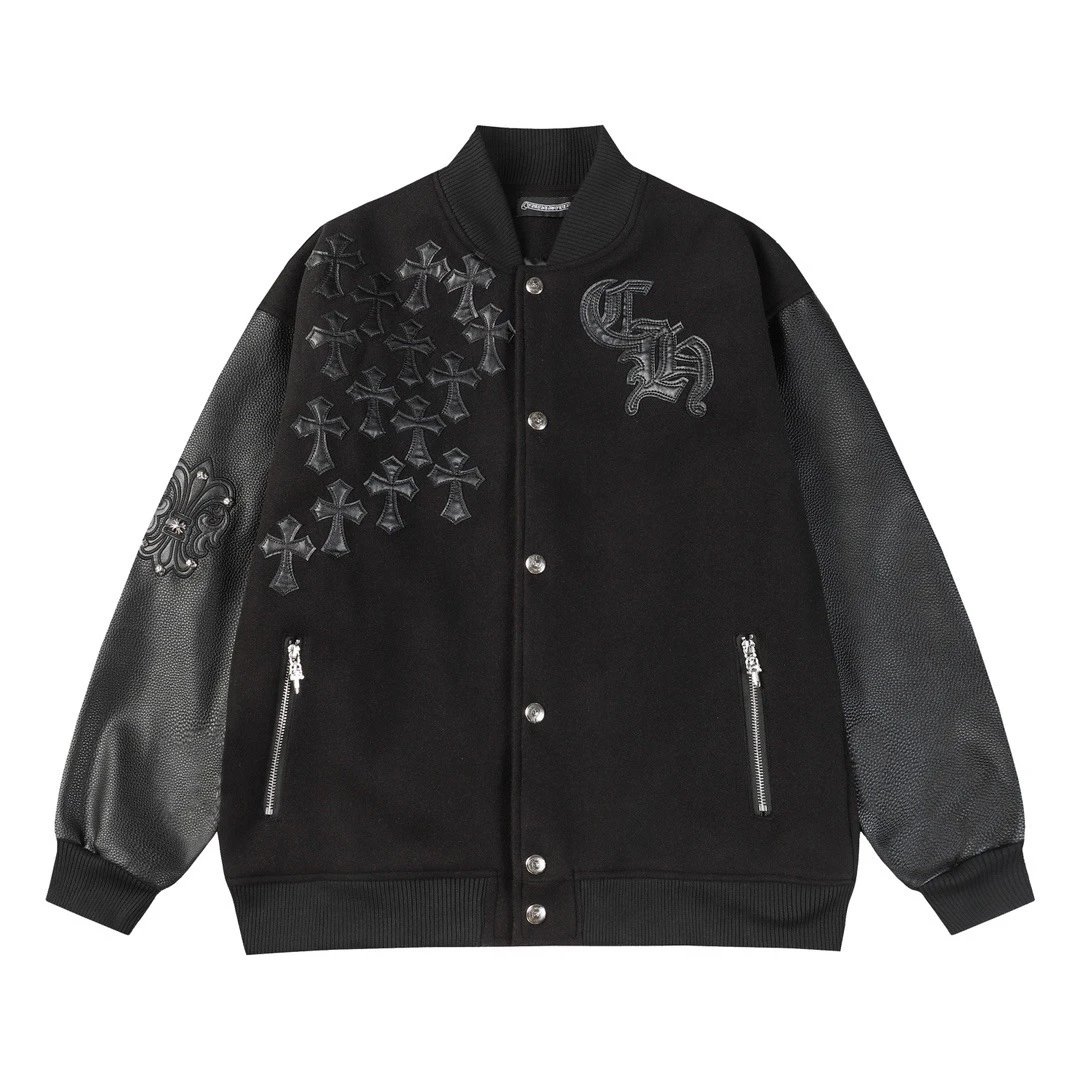 Chrome Hearts Cross Patch Varsity Jacket Leather Sleeve Black