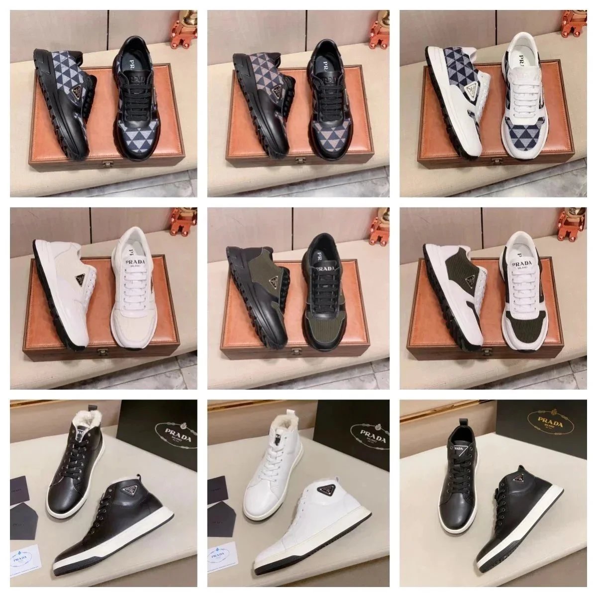 Prada Triangle Pattern and Leather Sneakers Casual Shoes Multicolor