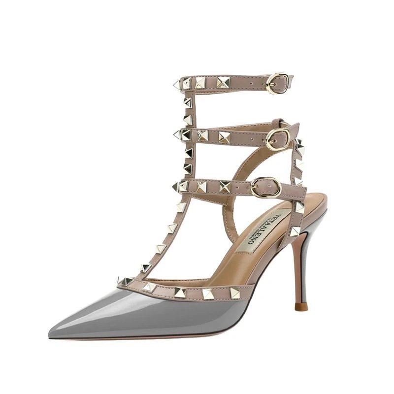 Vetaaleno Studded Strappy High Heels Gray and Beige