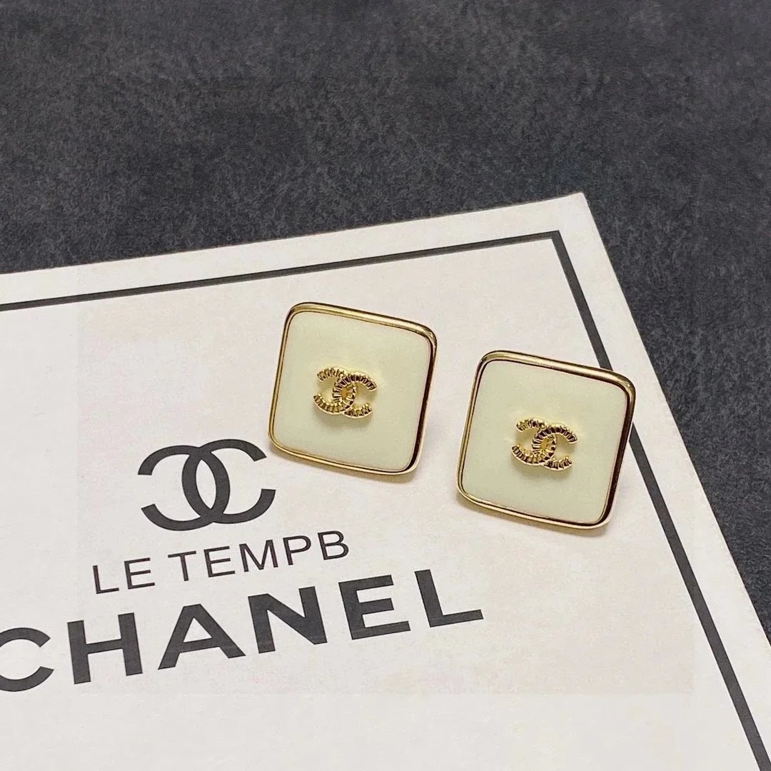 Chanel Square Stud Earrings Elegant Jewelry White and Gold