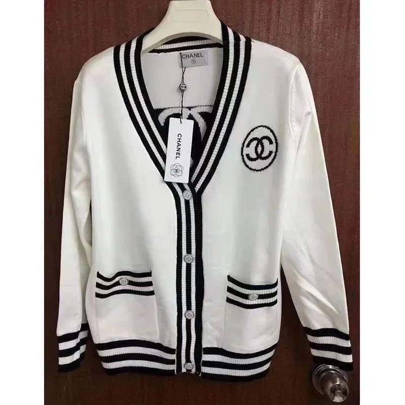 Chanel V-Neck Cardigan Knit Sweater White and Black