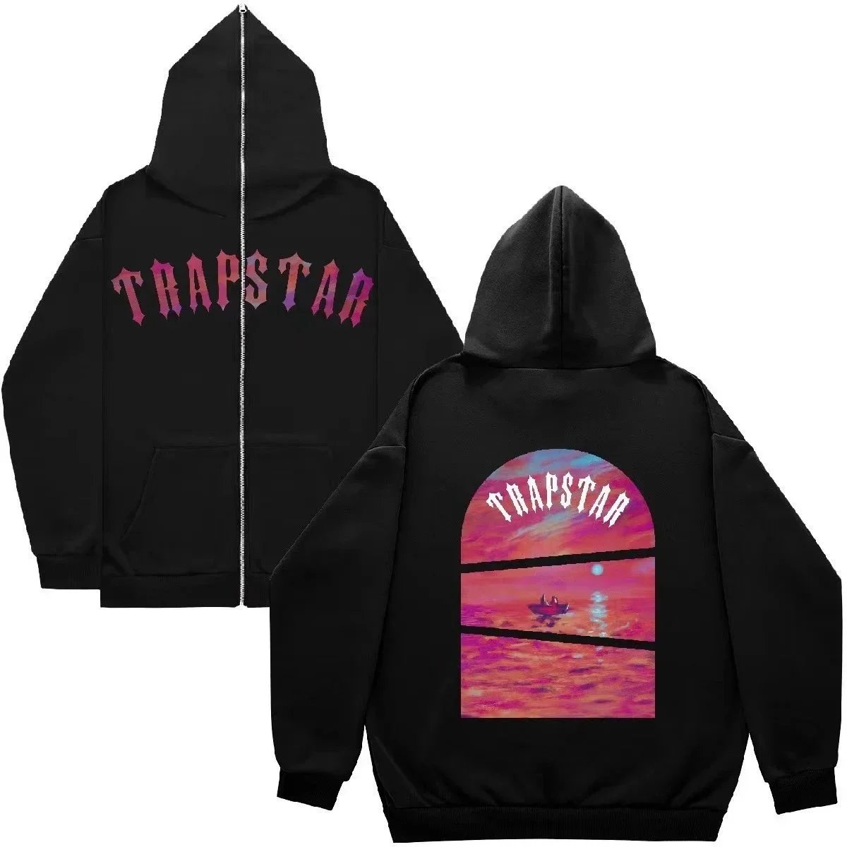 Trapstar Sunset Graphic Streetwear Zip-Up Hoodie Black