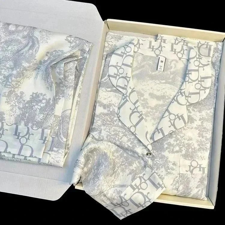 Dior Toile de Jouy Silk Pajama Set Loungewear White and Gray