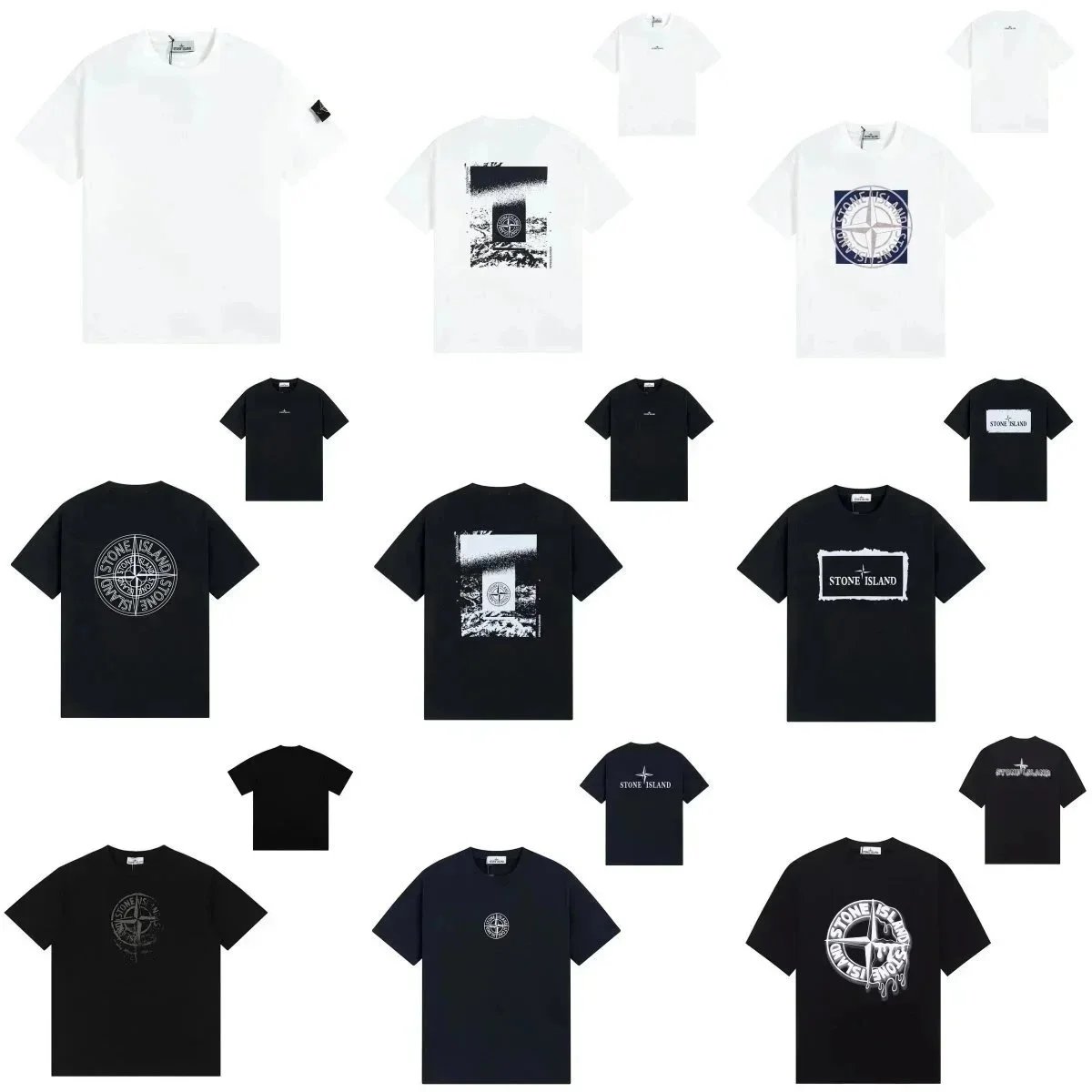 Stone Island Graphic Print Cotton T-Shirt Black and White