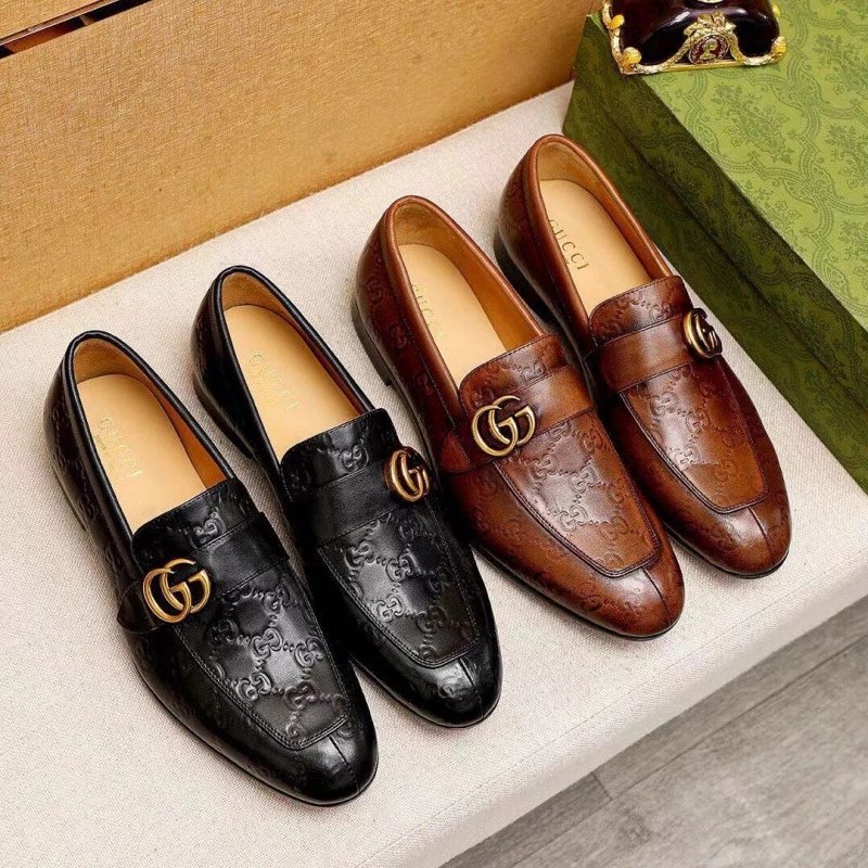 Gucci GG Embossed Leather Loafers Black and Brown
