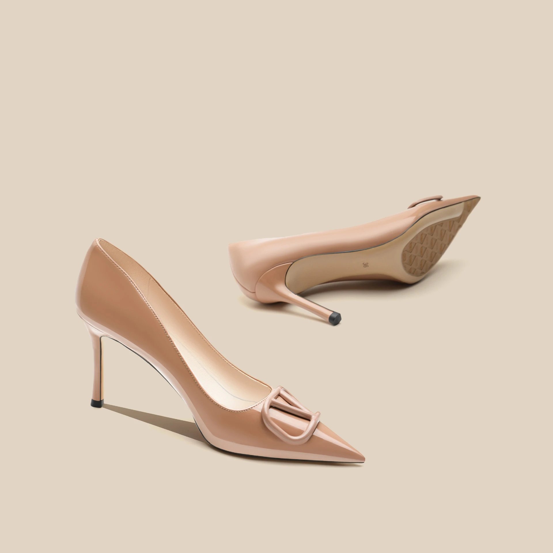 Valentino VLogo Signature Patent Leather Pointed Toe High Heels Beige