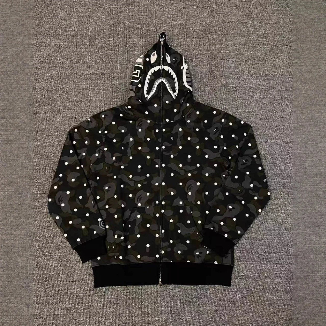 A Bathing Ape BAPE Shark Full Zip Hoodie Camo Polka Dot Streetwear Sweatshirt Black
