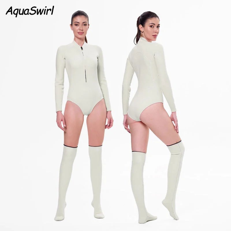 AquaSwirl Long Sleeve Swimsuit Minimalist Swimwear Beige