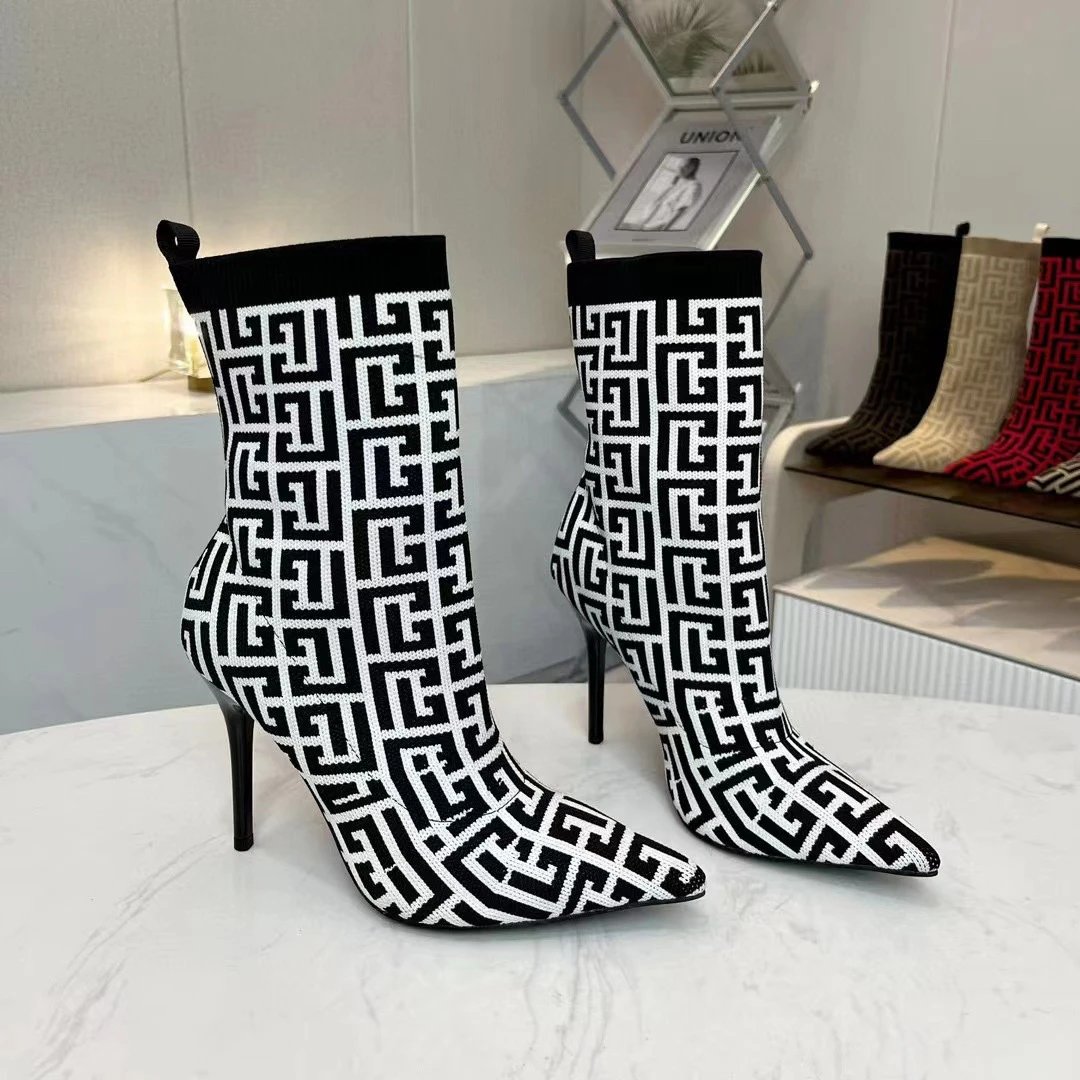 Balmain Skye Pointed Toe Knit Boots Black and White