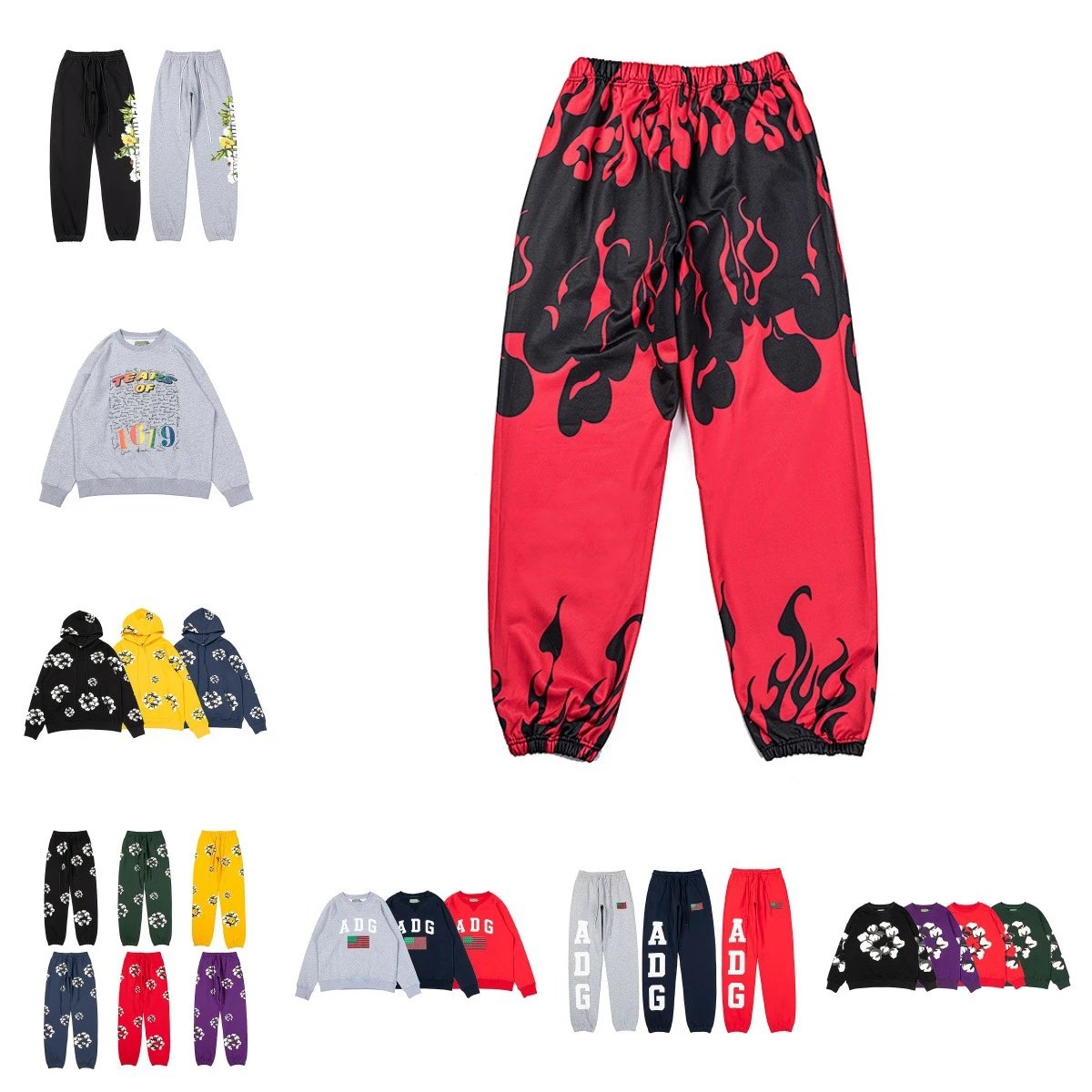 Design Flame Print Streetwear Joggers Red and Black