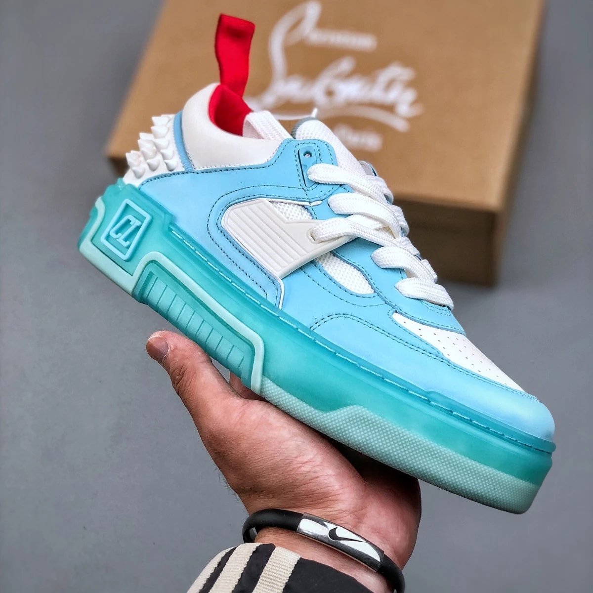 Christian Louboutin CL Astroloubi Chunky Sneakers Light Blue and White