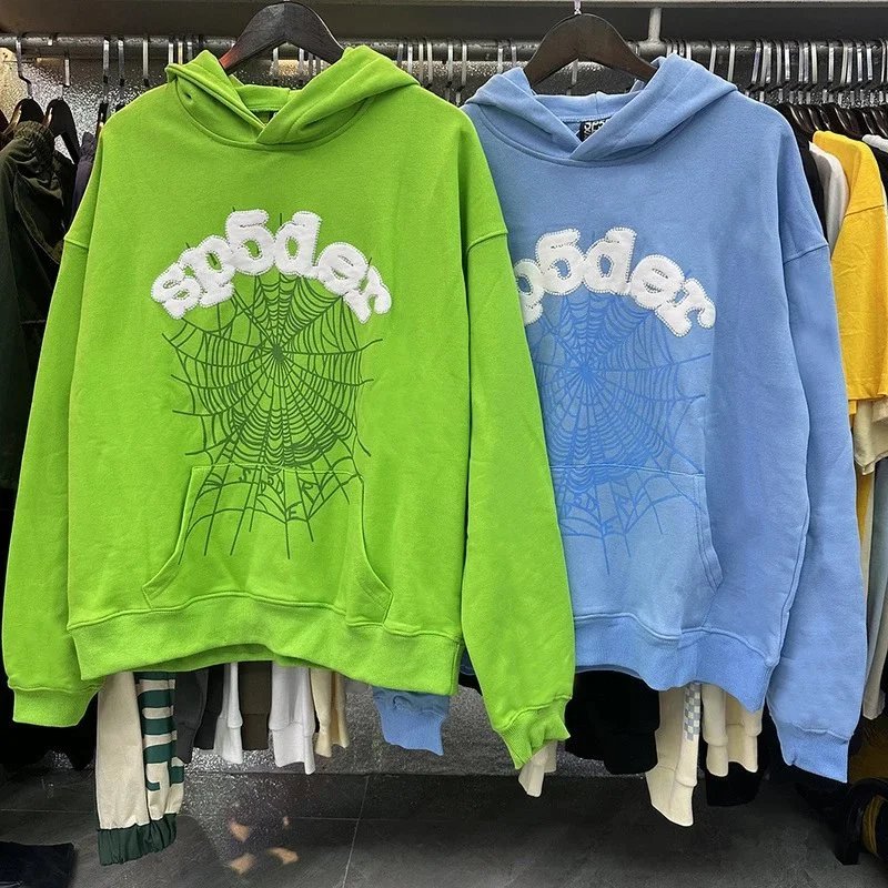 Sp5der Web Hoodie Oversized Streetwear Sweatshirt Green and Blue