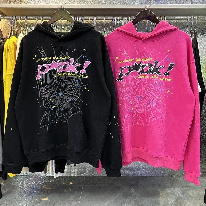 Sp5der Nevermind The Spider Graphic Streetwear Hoodie Black and Pink