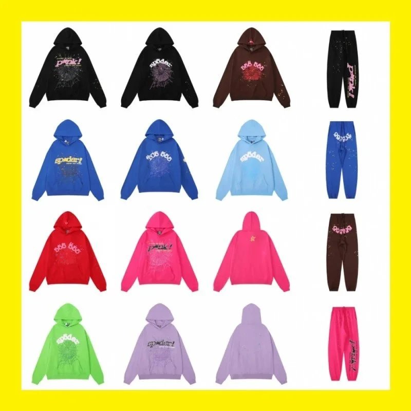 Sp5der Web Print Graphic Streetwear Hoodie and Sweatpants Multicolor