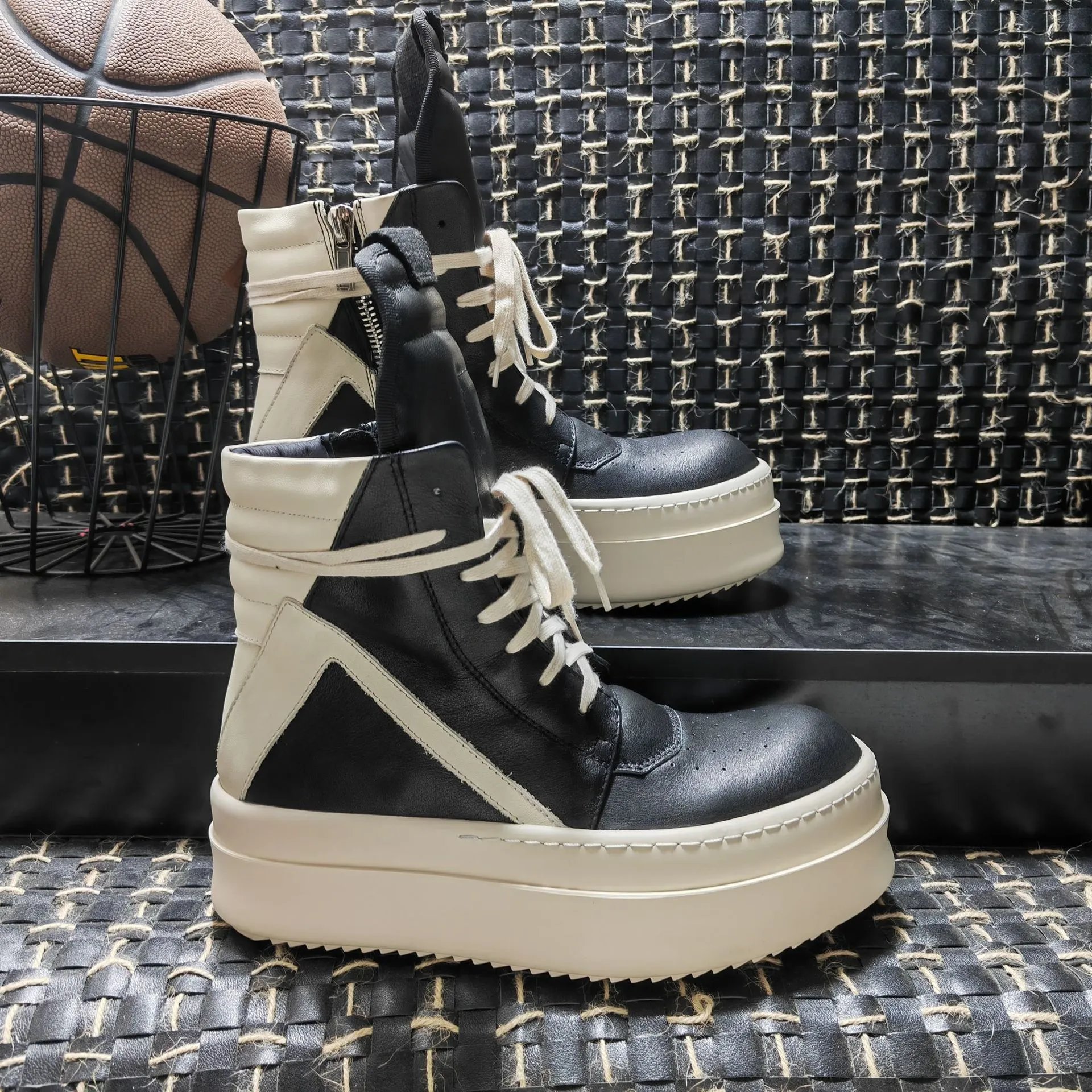 Rick Owens Geobasket chunky high top sneakers black and white