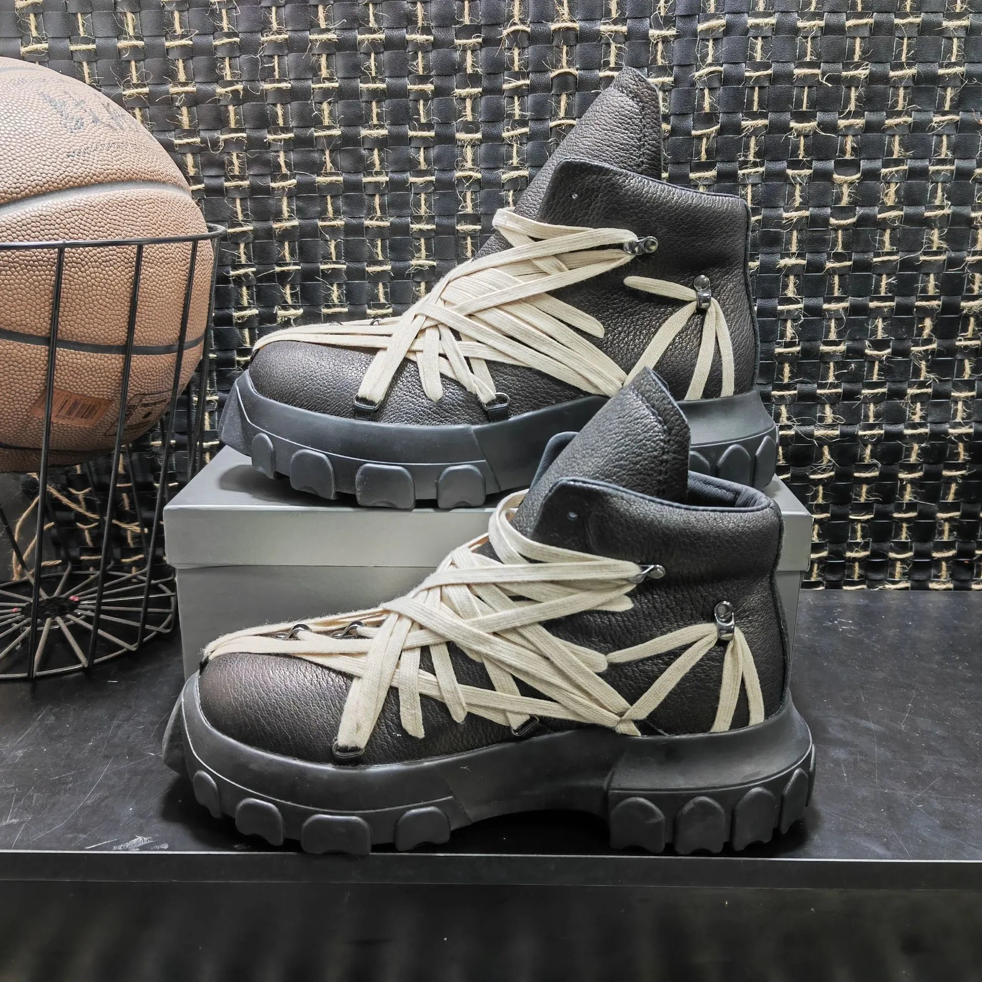 Rick Owens Mega Lace Tractor Boots Chunky Leather Sneakers Black and Beige