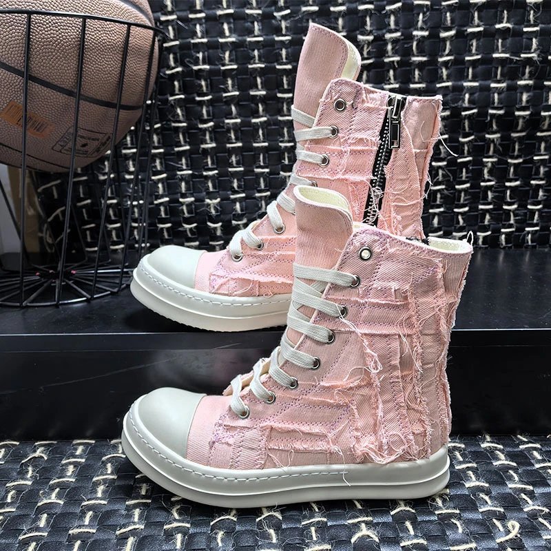 Rick Owens Geobasket distressed canvas high top sneakers pink