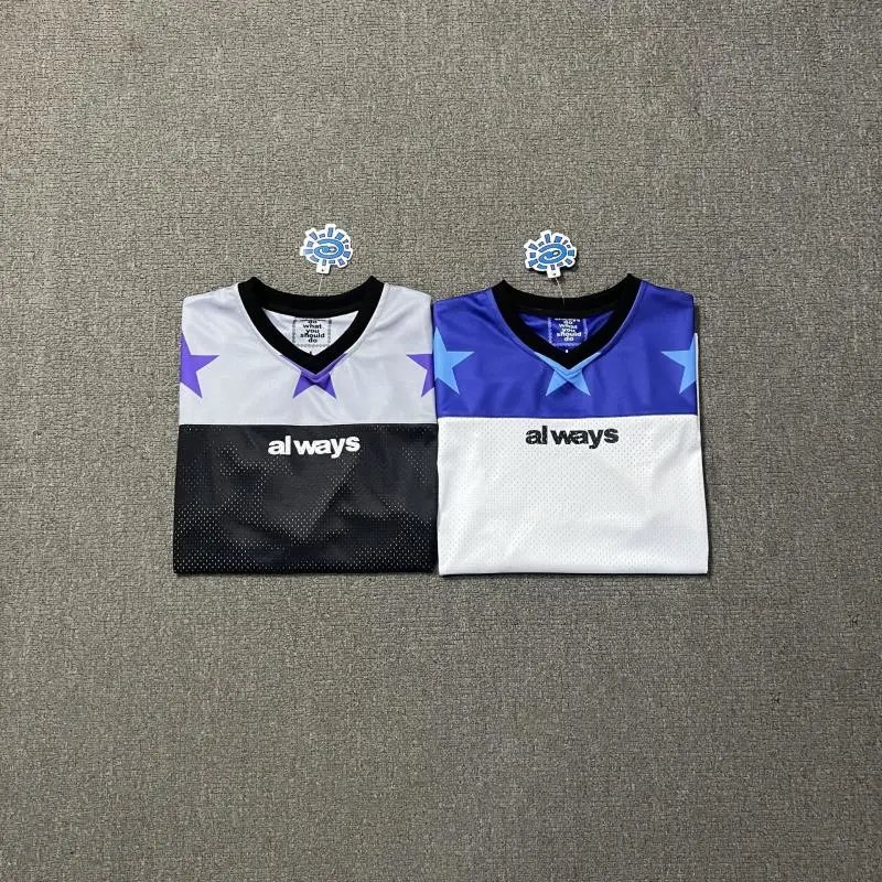Design Star Print Mesh Jersey V-Neck T-Shirt Black and White