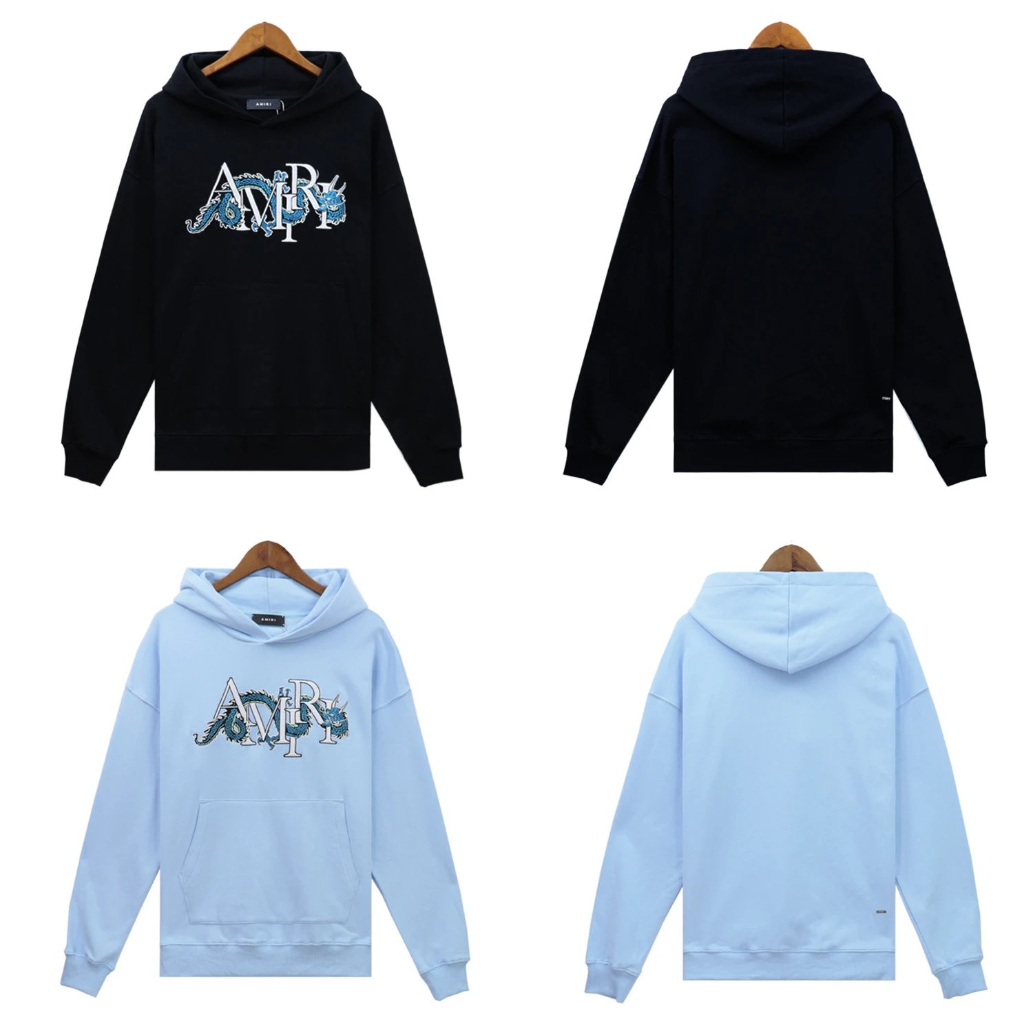 Amiri Dragon Graphic Oversized Hoodie Black and Light Blue