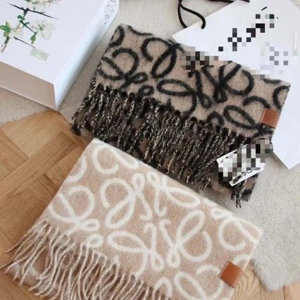 Loewe Anagram Wool Fringe Scarf Beige and Brown