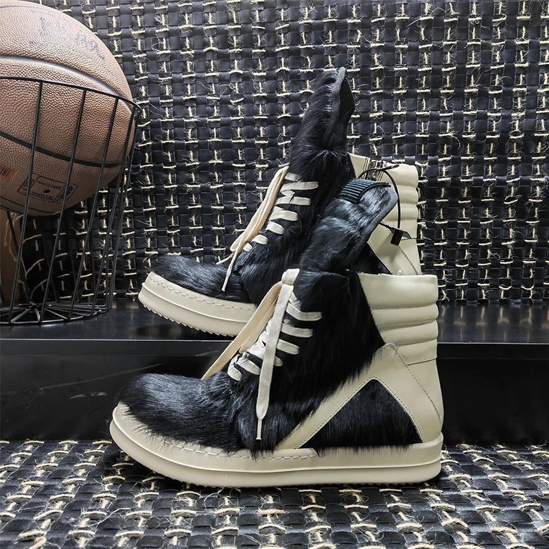 Rick Owens Geobasket Fur High Top Sneakers Black and White