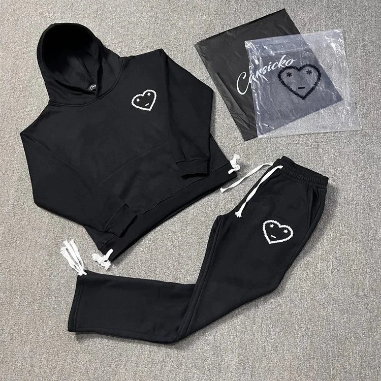Cansicko Heart Print Streetwear Tracksuit Set Black