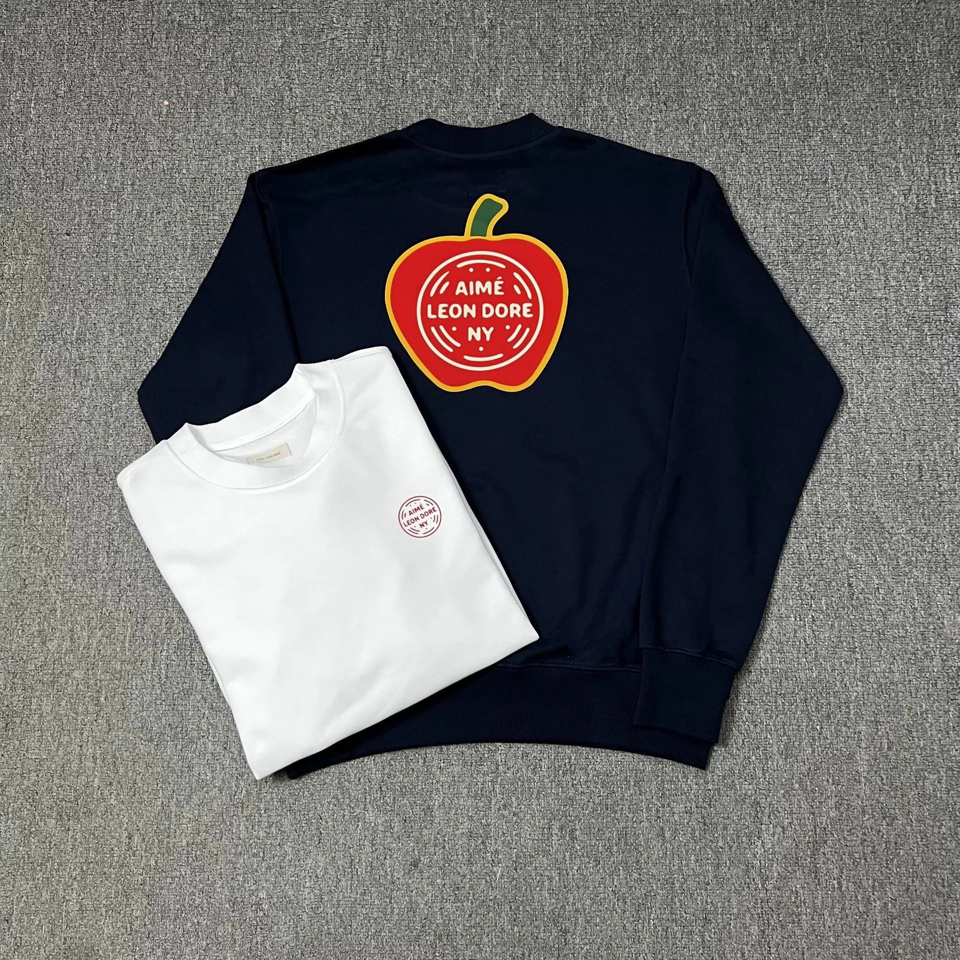 Aime Leon Dore ALD Apple Graphic Cotton Sweatshirt Navy and White