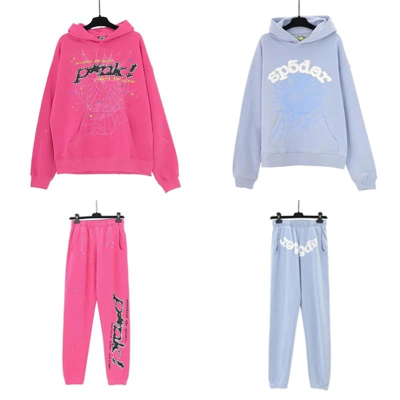 Sp5der Web Print Oversized Tracksuit Set Pink and Light Blue