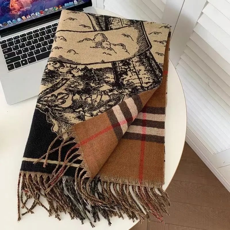 Burberry Check and Graphic Print Reversible Scarf Beige and Brown