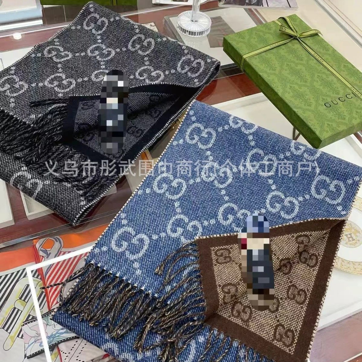 Gucci GG Jacquard Reversible Wool Scarf Blue and Black