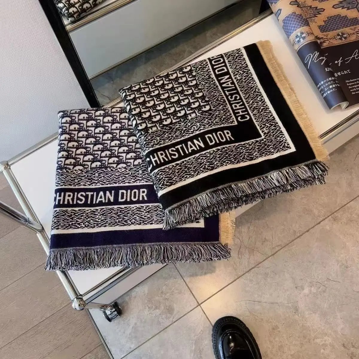 Christian Dior Oblique Fringed Wool Scarf Black and White