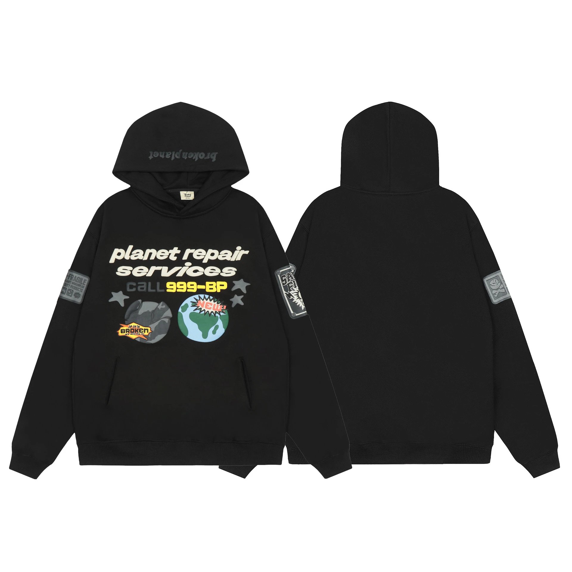 Broken Planet Market BPM Planet Repair Services Graphic Streetwear Hoodie Black