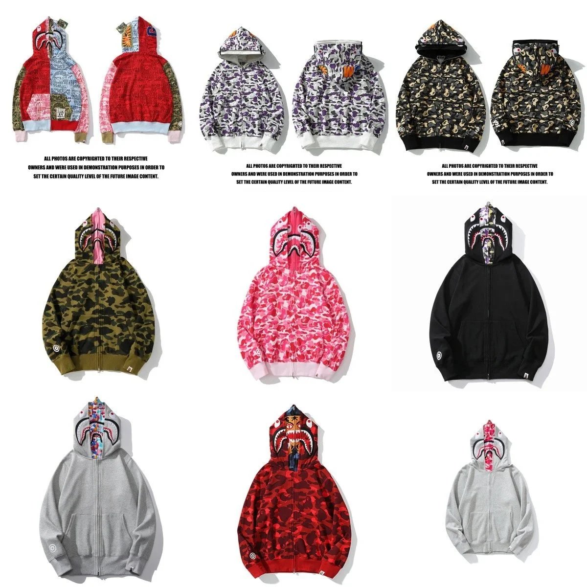 A Bathing Ape BAPE Shark Full Zip Hoodie Camo Streetwear Sweatshirt Multicolor