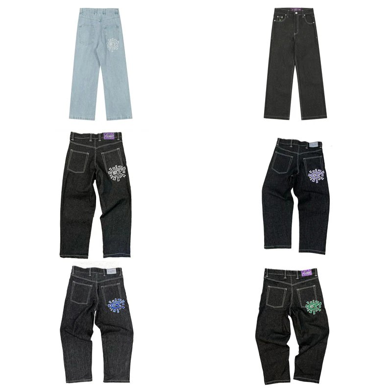 Corteiz CRTZ Sun Graphic Denim Jeans Streetwear Wide Leg Pants Multicolor