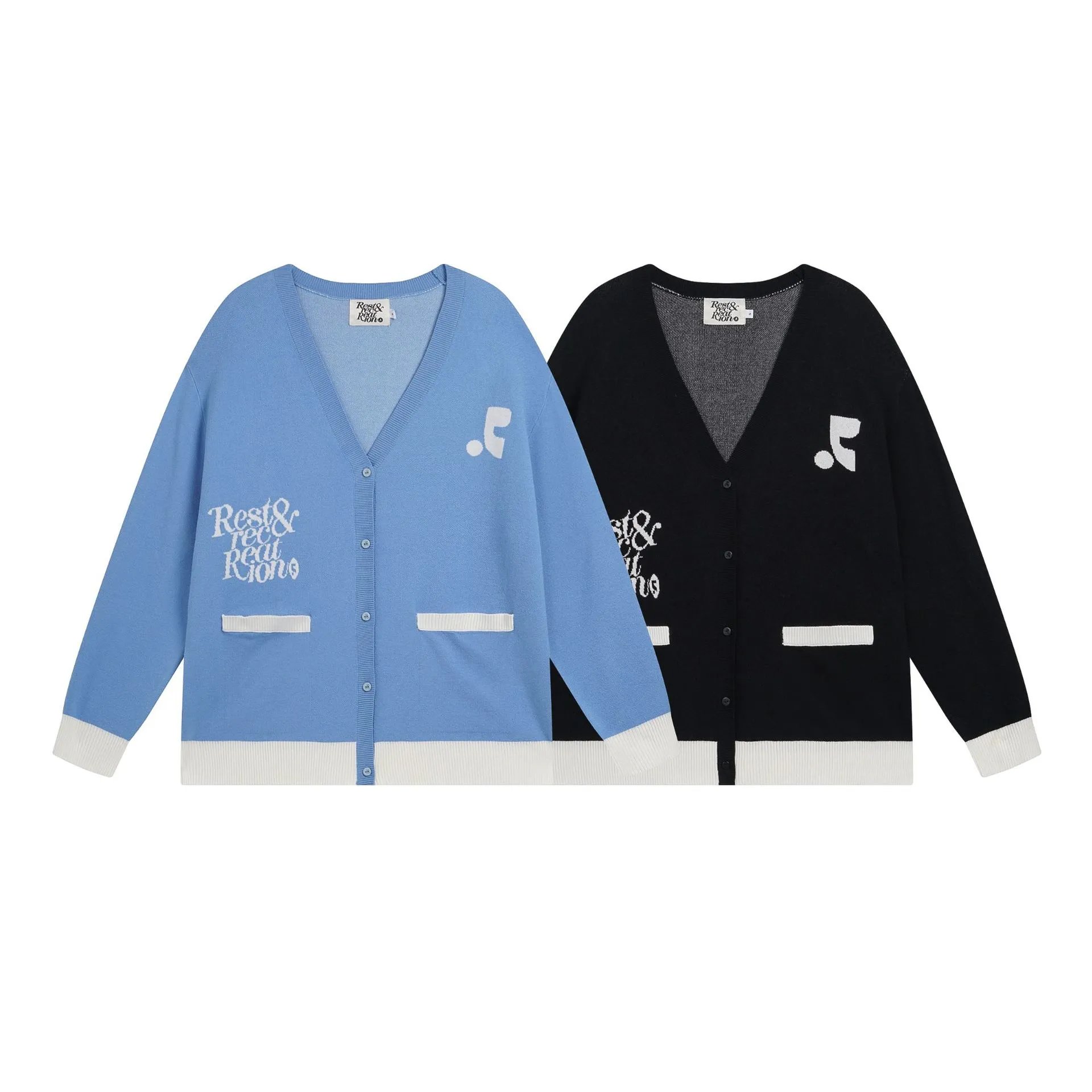 Rest&Recreation R&R Graphic Knit Cardigan Oversized Sweater Blue and Black