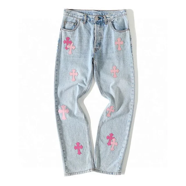 Chrome Hearts Cross Patch Denim Jeans Light Blue and Pink
