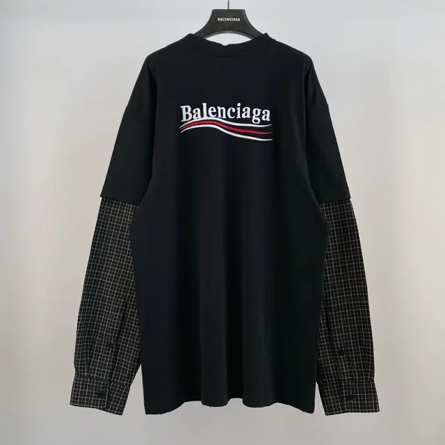 Balenciaga Wave Logo Plaid Sleeve Oversized Long Sleeve Shirt Black