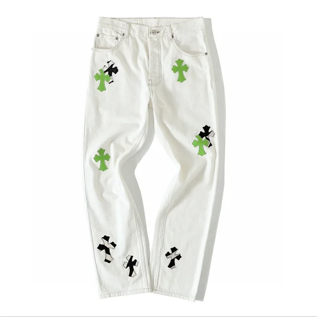 Chrome Hearts Cross Patch Denim Jeans White and Green