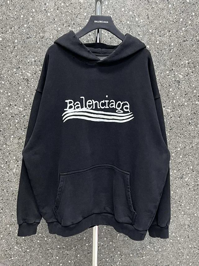 Balenciaga Wave Print Distressed Oversized Hoodie Black