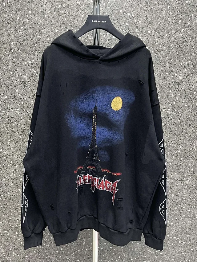 Balenciaga Eiffel Tower Distressed Oversized Hoodie Black