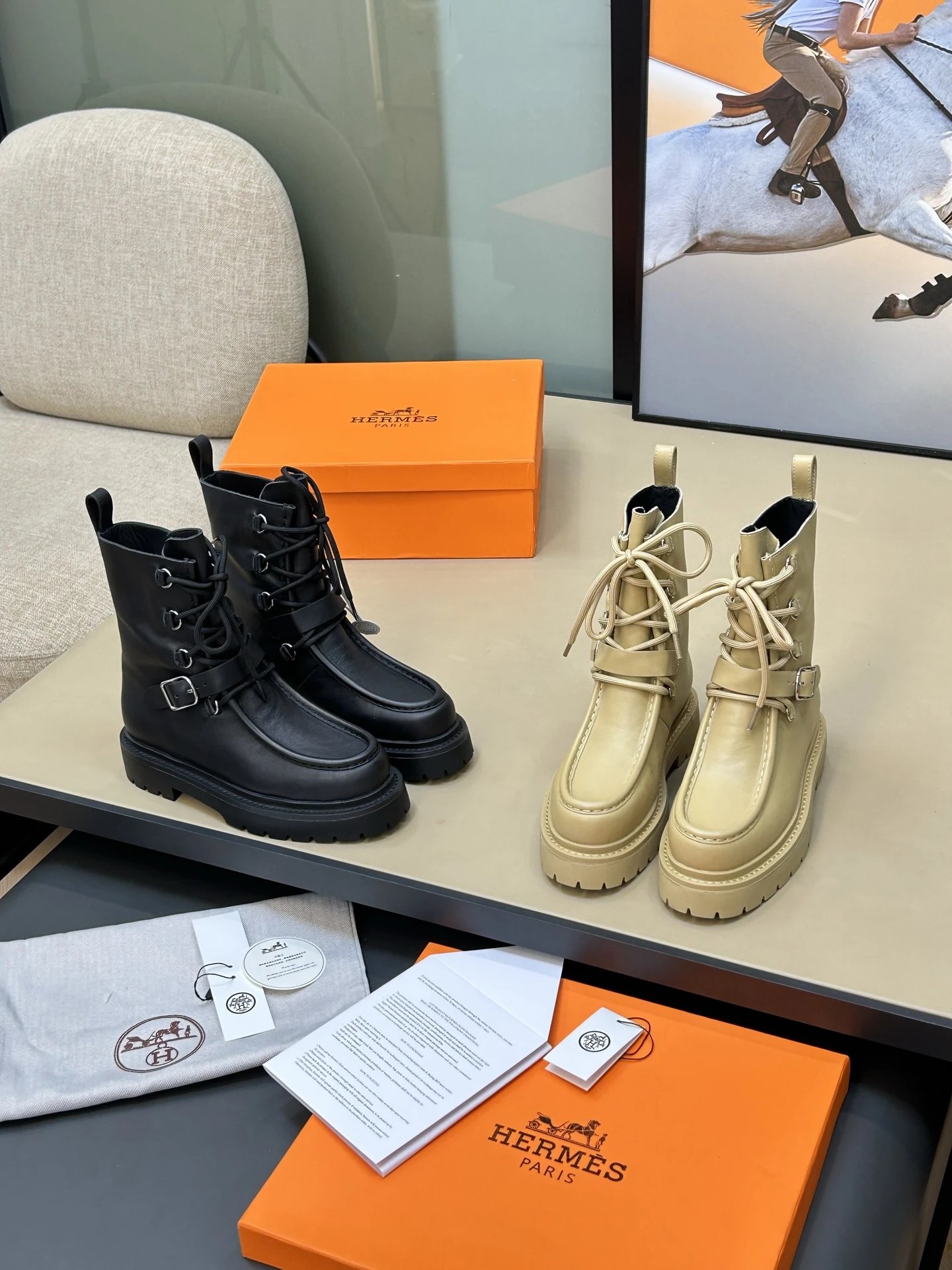 Hermes Neo Ankle Boots Chunky Leather Combat Boots Black and Beige