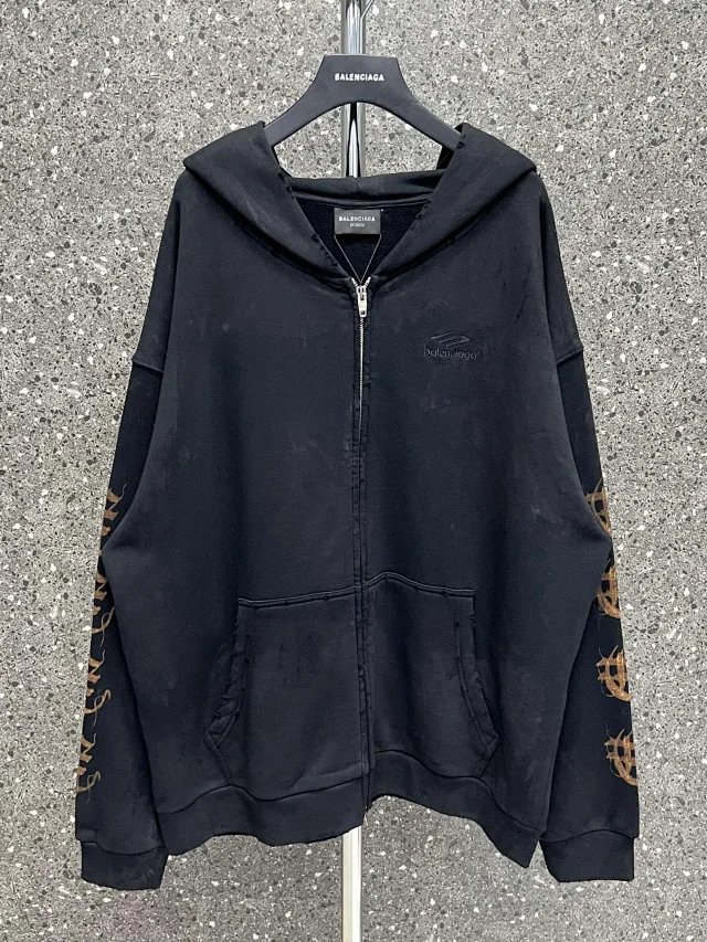 Balenciaga Distressed Zip-Up Hoodie Oversized Cotton Sweatshirt Black