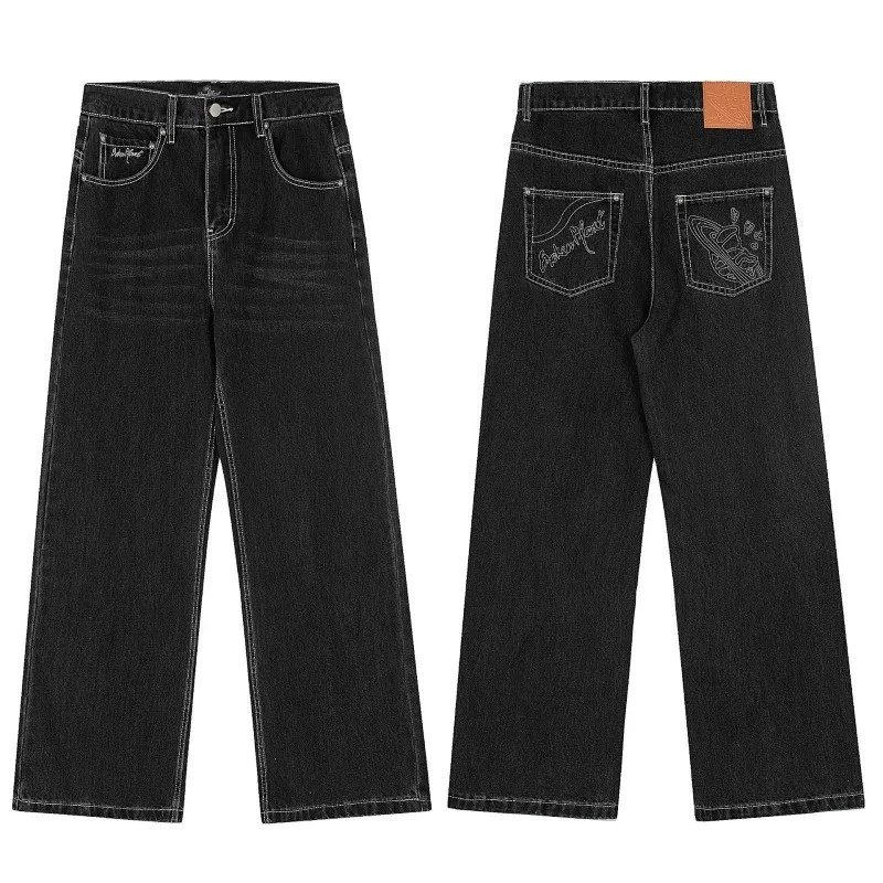 Design Graphic Embroidered Wide Leg Jeans Black