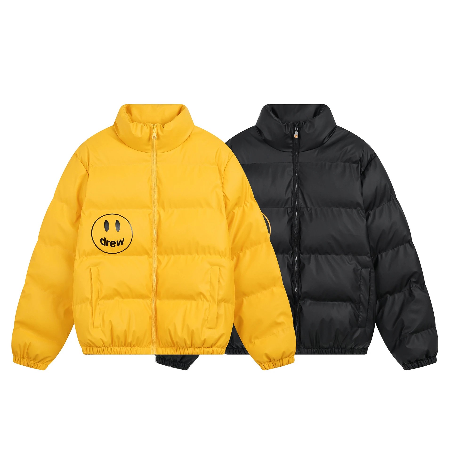 drew house Mascot Puffer Jacket Smiley Face Puffer Jacket Yellow and Black