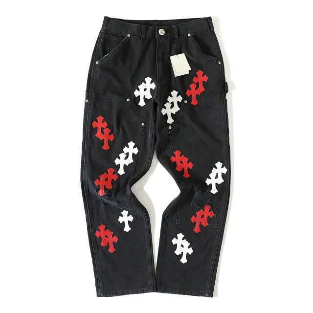 Chrome Hearts Cross Patch Carpenter Streetwear Jeans Black