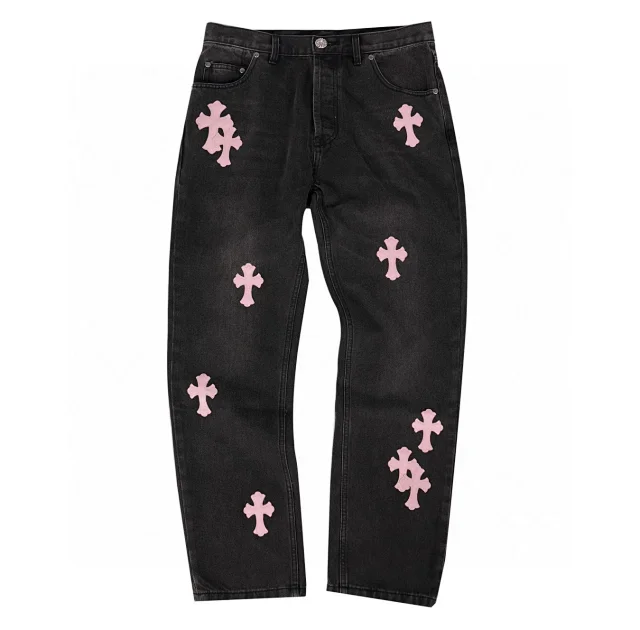 Chrome Hearts Cross Patch Denim Jeans Black and Pink