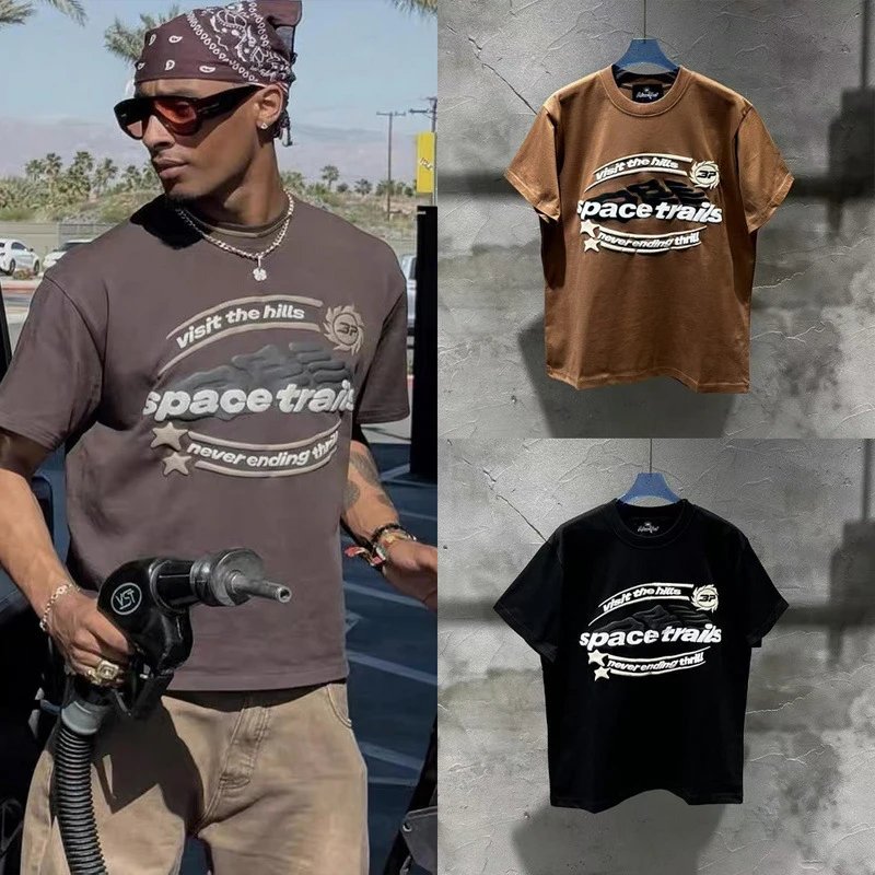 Design Space Trails Graphic Print Cotton T-Shirt Brown and Black